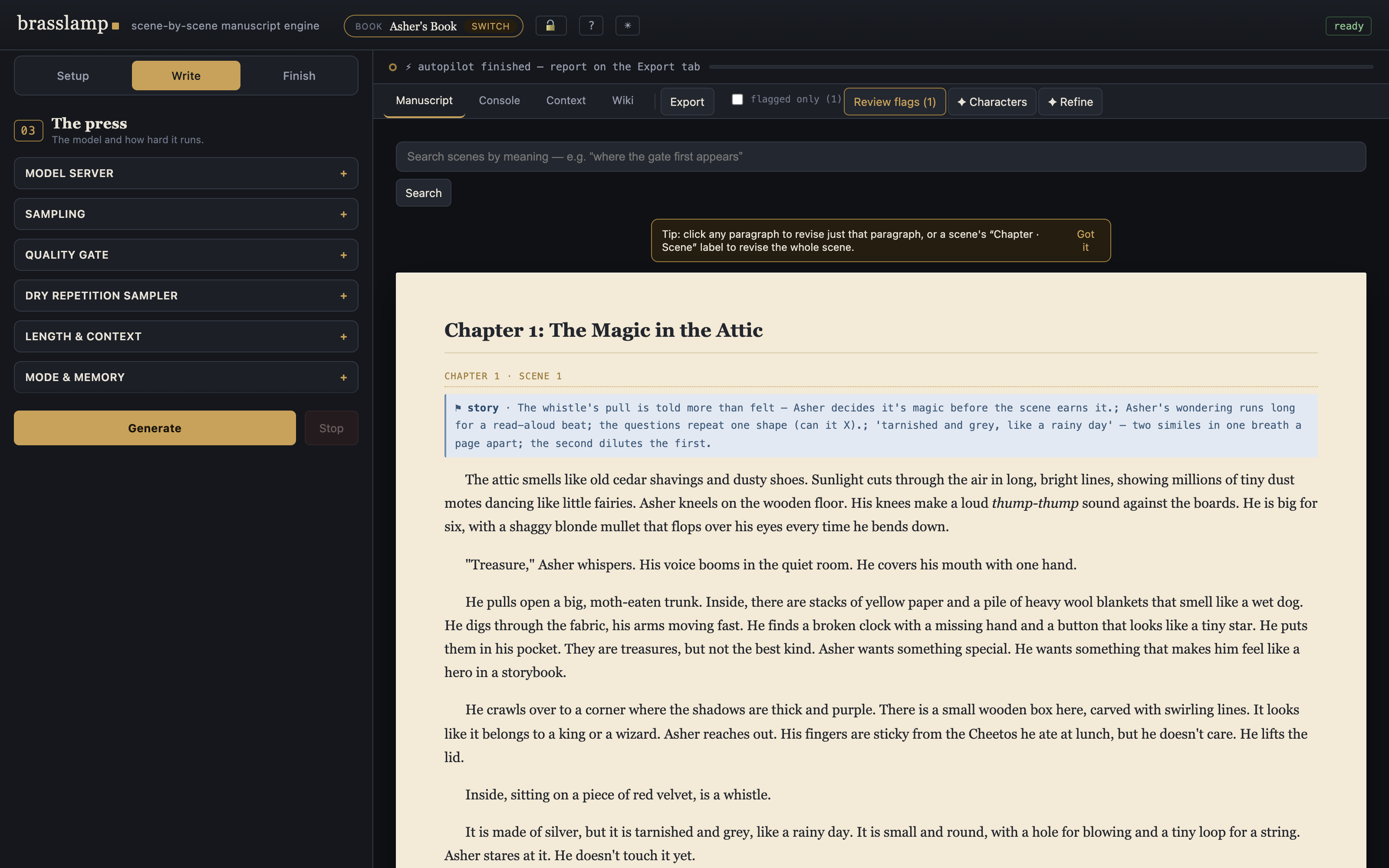 The brasslamp desk: a manuscript mid-polish with review flags visible